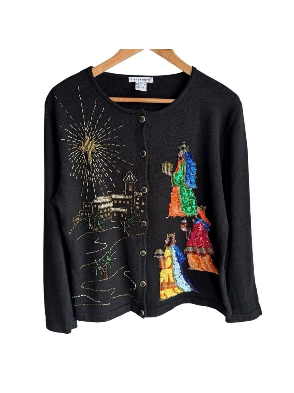 Belle Pointe Christmas Sweater XL Black Beaded Three Wiseman Party Holiday EUC